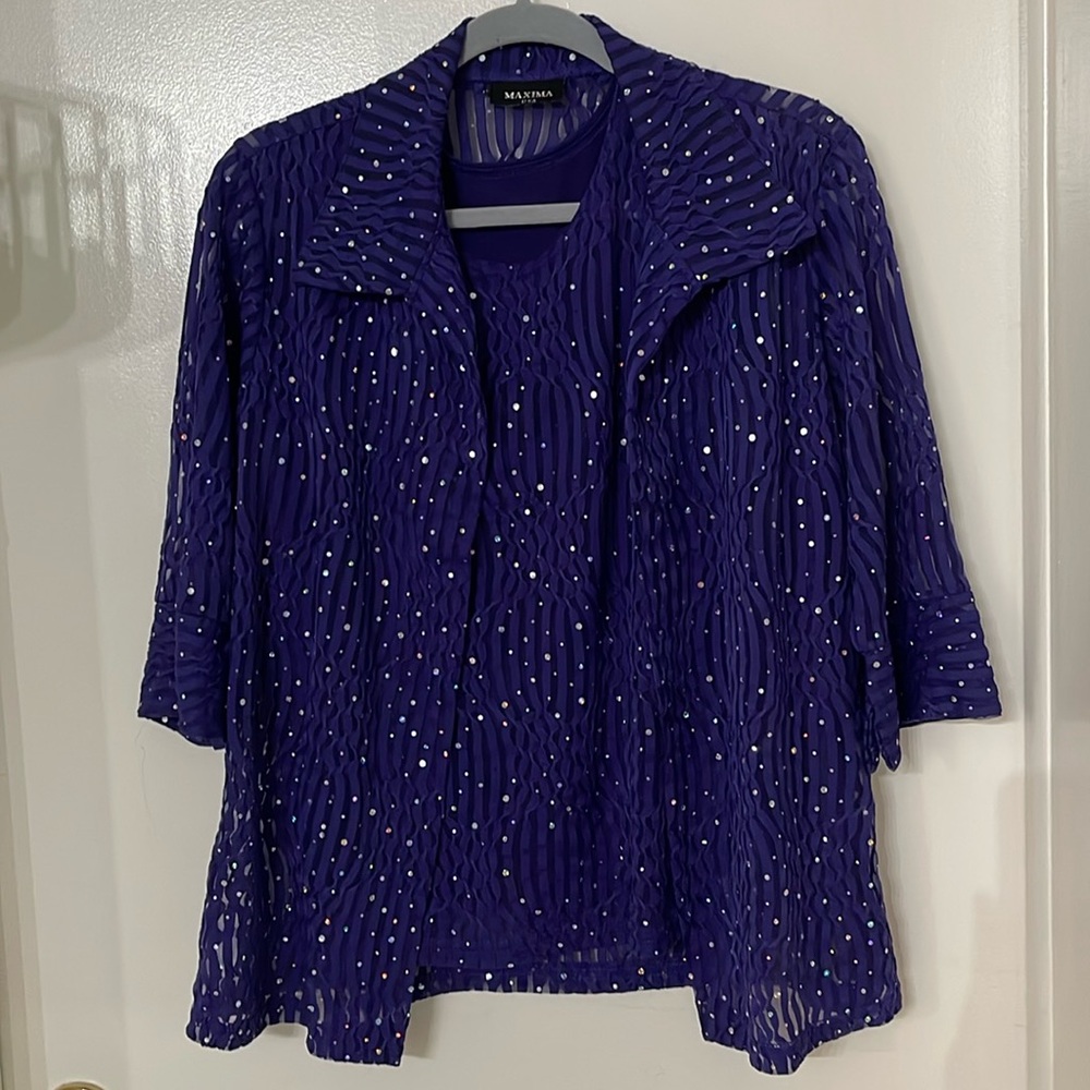 MAXIMA VINTAGE 3-PIECE SKIRT TOP CAMISOLE WOMEN Sz S EMBELLISHED SEQUINS PURPLE - Picture 2 of 16